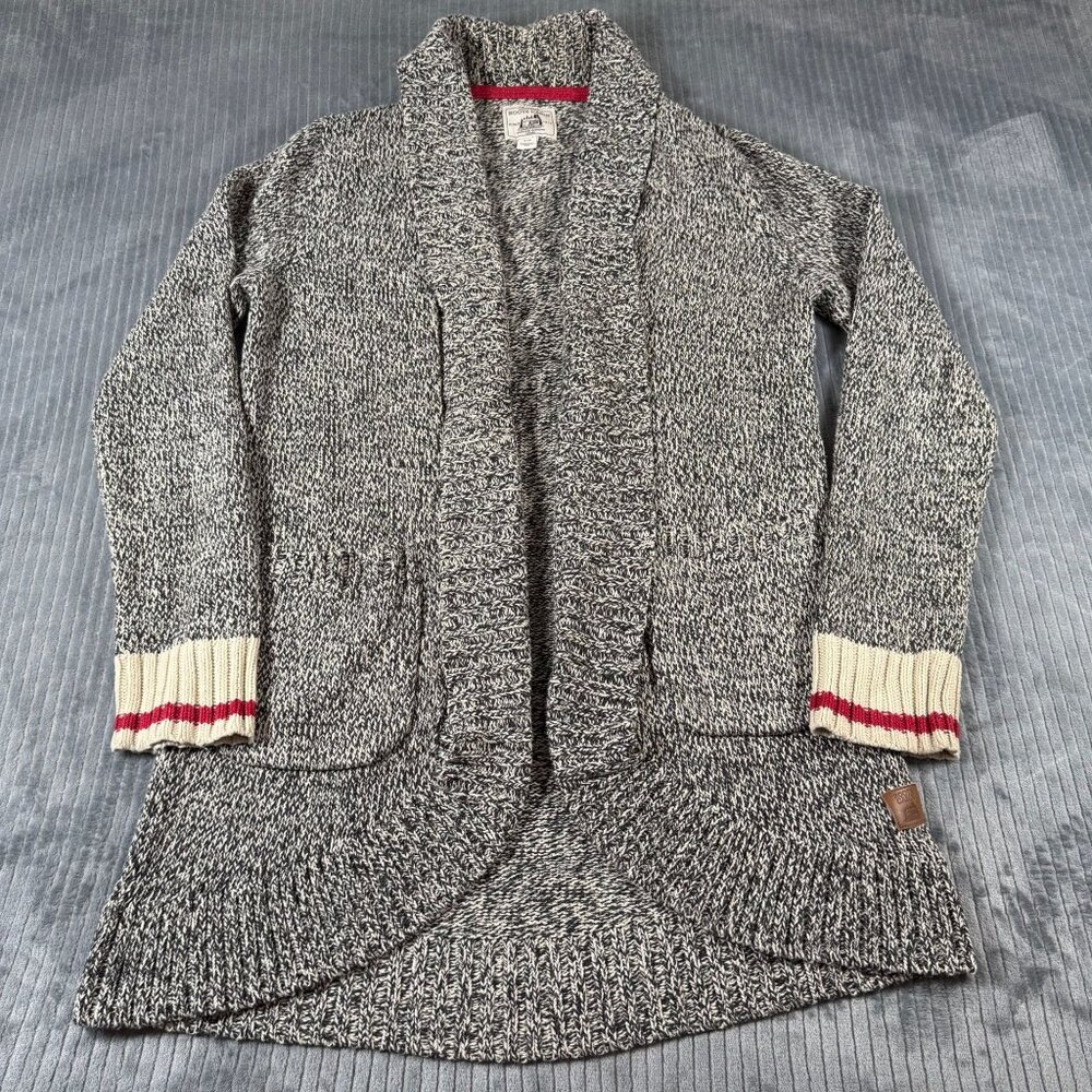 Roots Cabin Shawl Open Cardigan Women S Cream Black Knit Cozy Red Stripes